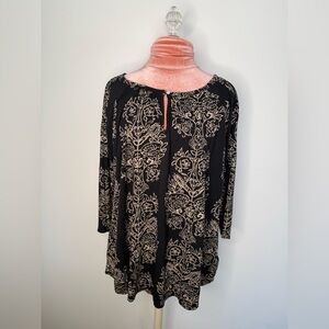 Lucky Brand Black Blouse with Tan Floral Damask Design Women’s Plus Size 2X